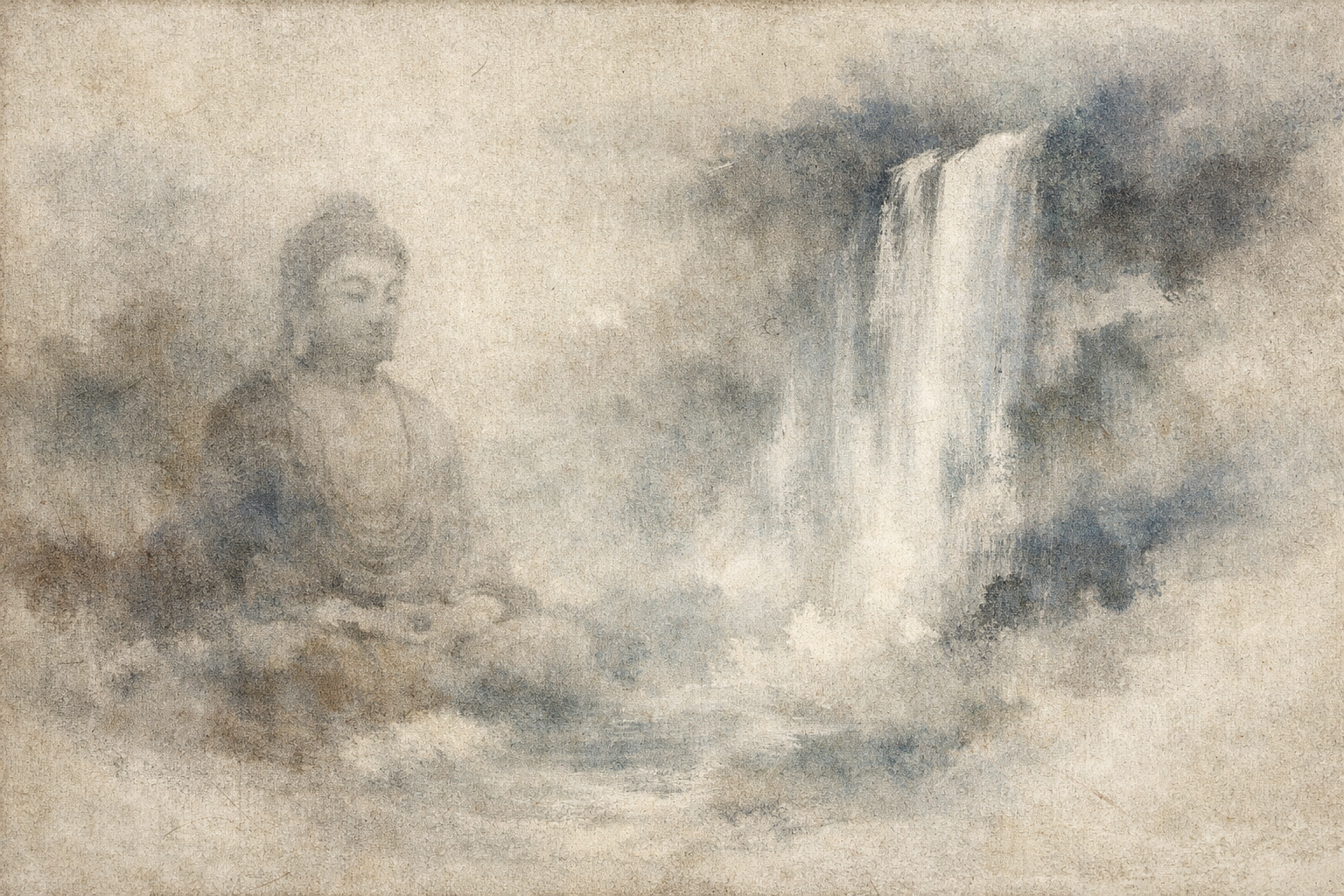 A calm, indistinct seated figure appears beside a flowing waterfall within soft ink and mist, reflecting how even Buddhist teachings are meant to be experienced and then released, not held as fixed truths.