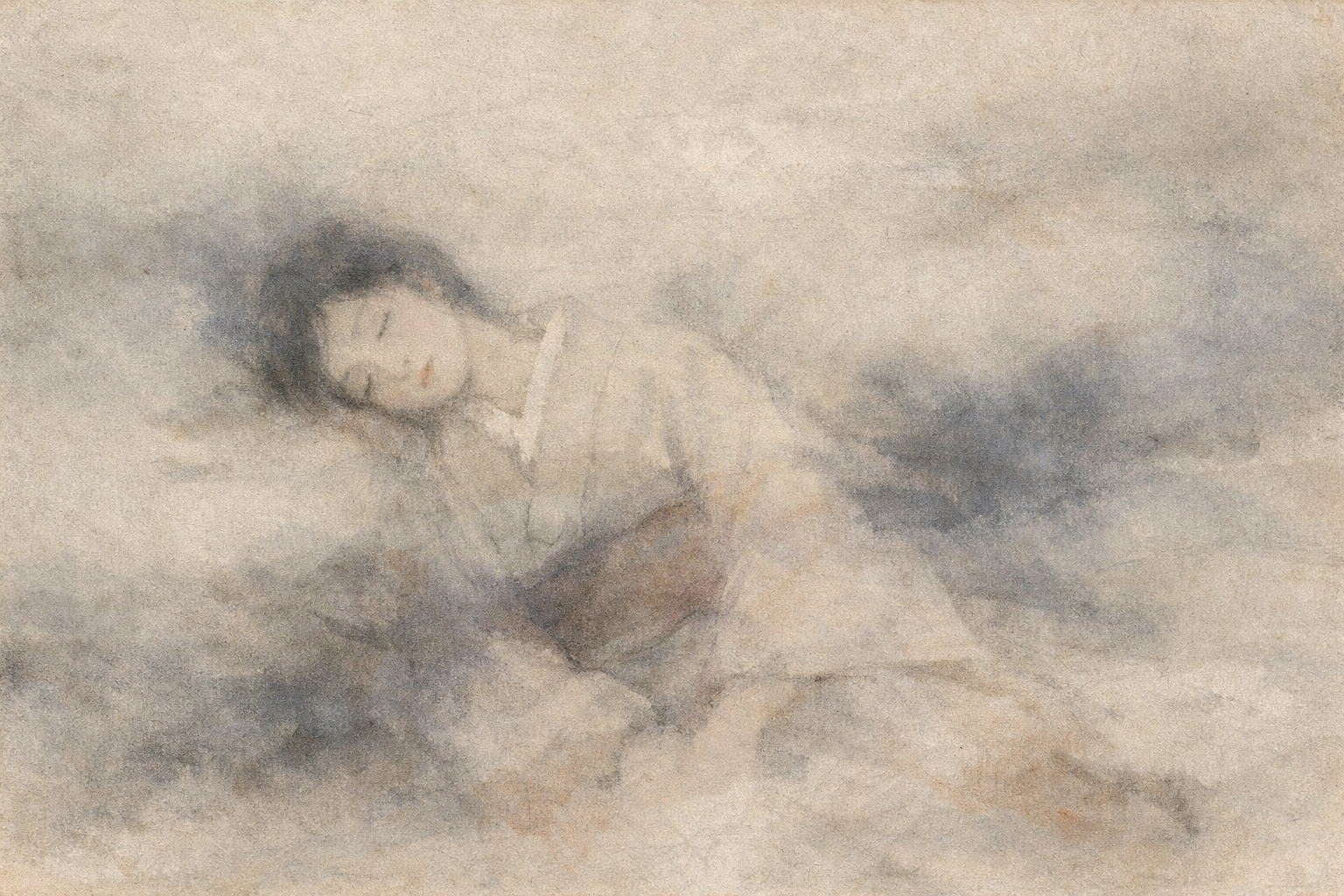 淡い水彩画風のイメージ。霧や雲のような中で静かに丸くなって眠る子どもが描かれ、恐れや後悔が内面で重くのしかかり、「地獄のように感じられる心の状態」を象徴している。