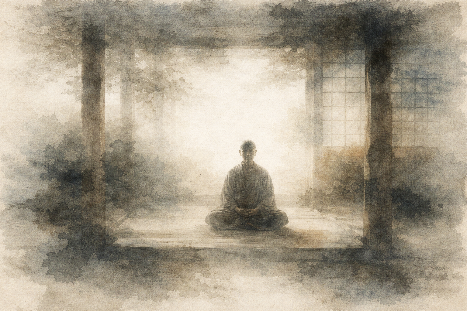 A contemplative watercolor image of a Zen practitioner sitting in meditation inside a traditional wooden hall, symbolizing why following the “right method” can become a mistake when practice turns rigid instead of responsive.