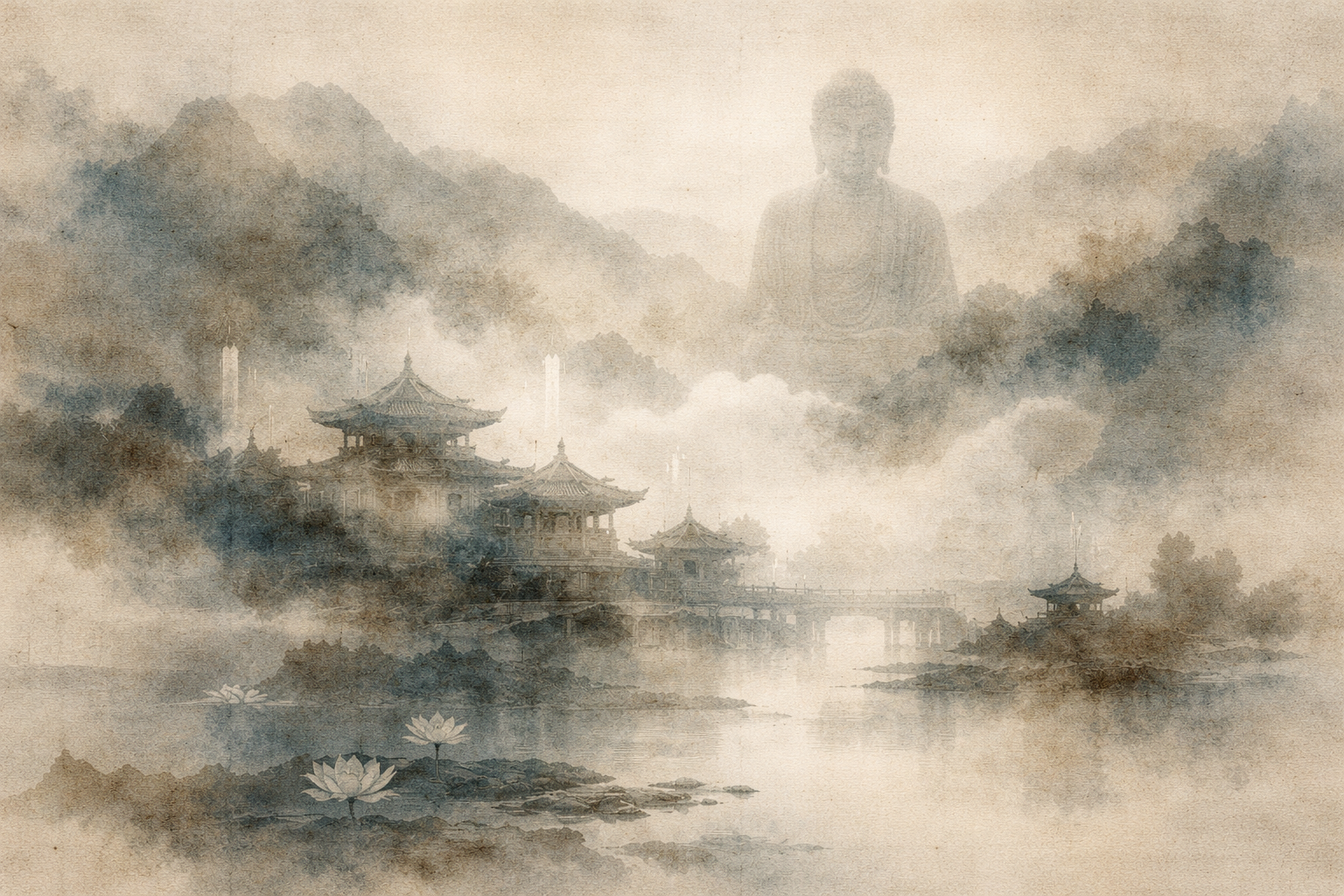霧に包まれた風景の中に、寺院や水面、淡い仏の姿が重なって描かれ、信念が自己意識や秩序と結びつくことで、直接的な体験を覆い隠しつつも手放しにくくなる様子を示している。