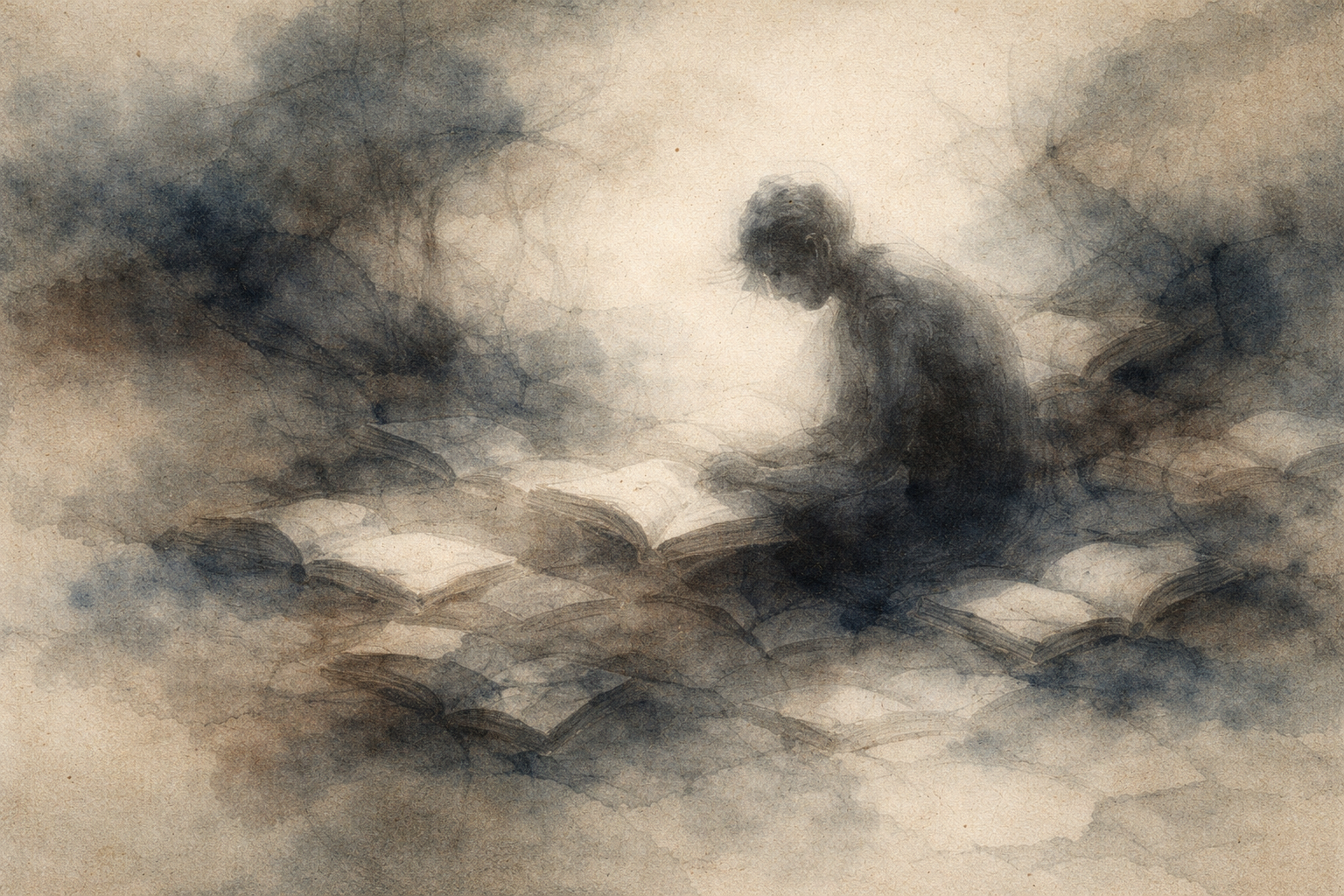 墨と影に溶け込みながら、本に囲まれて静かに座るひとりの人影が描かれ、瞑想が感情や思考を消すのではなく、内側に沈んでいたものを気づきの中に浮かび上がらせる過程であることを示している。