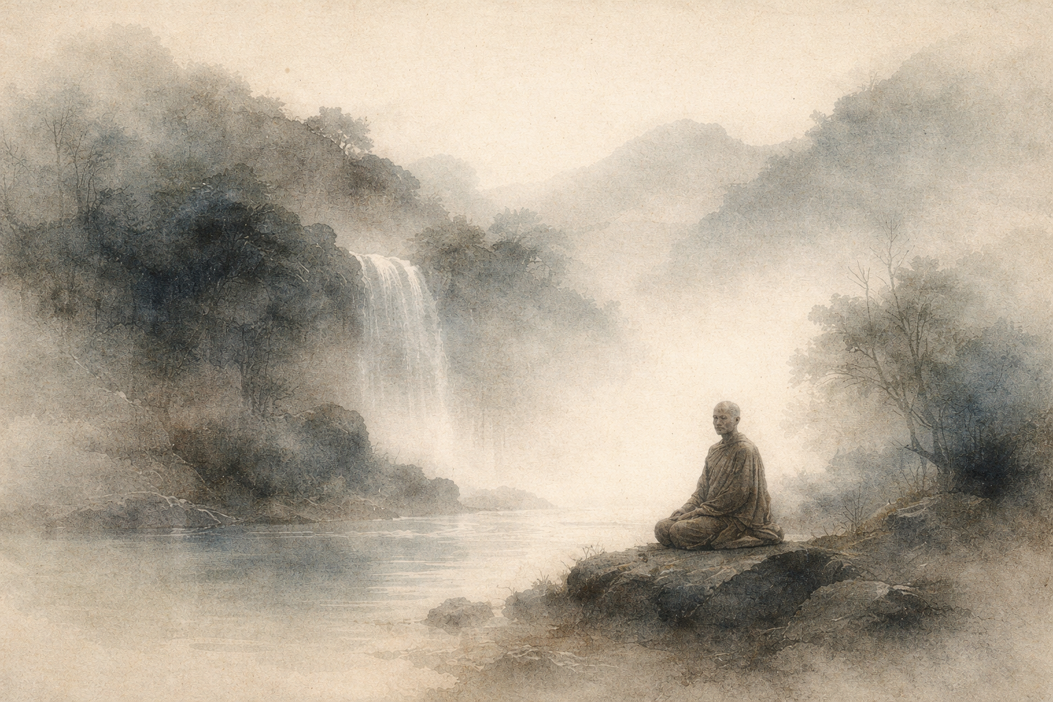 A watercolor-style illustration of a monk sitting in meditation beside a quiet river and waterfall surrounded by misty mountains, symbolizing why meditation feels hard at first and the gradual settling of the mind.