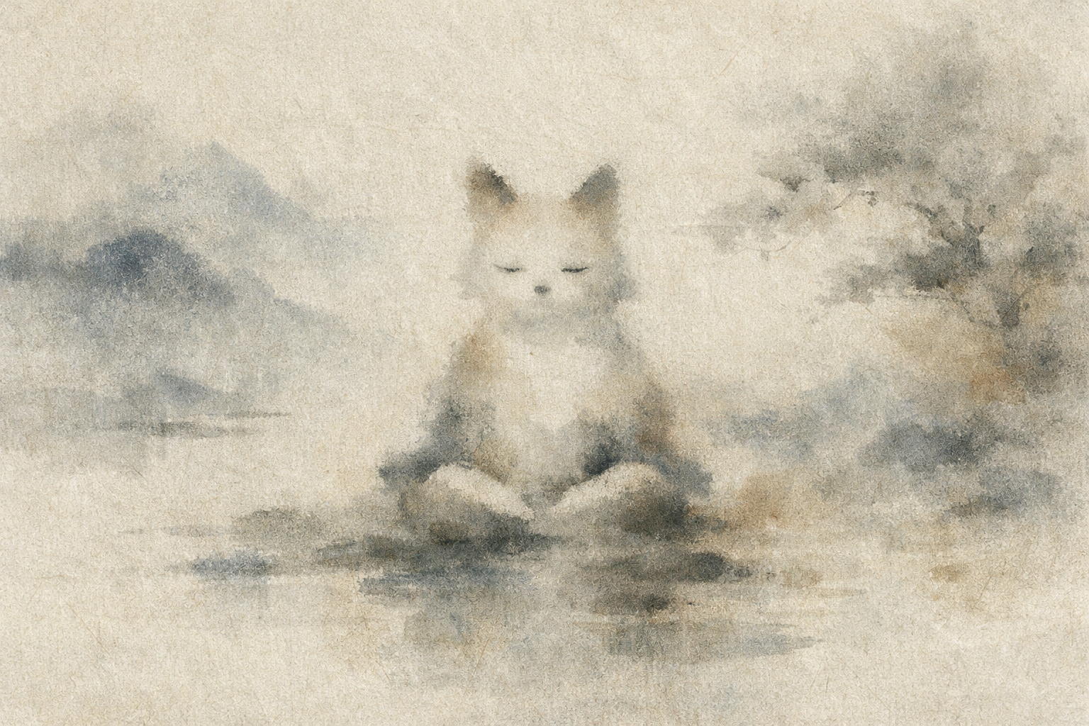 霧に包まれた墨絵の風景の中で、目を閉じて静かに座る小さな狐のような姿が描かれ、何も起きていないように感じられる瞑想の空白感や手応えのなさを表している。