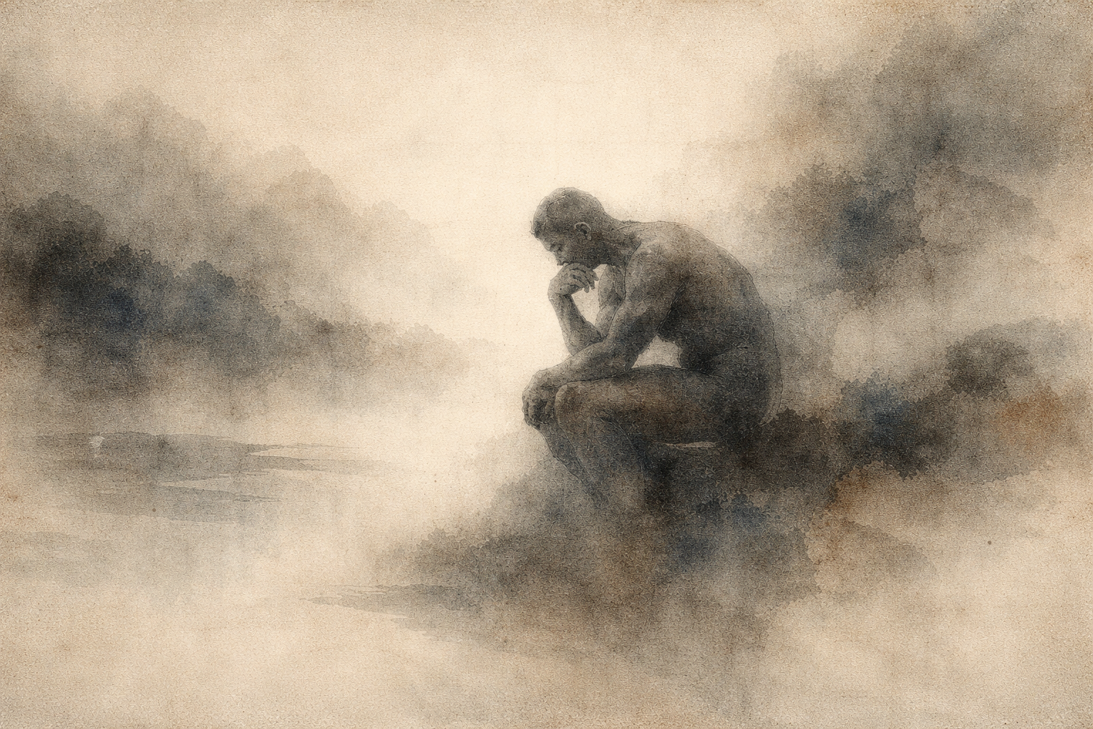 霧がかった風景の中で、前かがみに座り深く思索する人物を描いた落ち着いた水彩画。静けさの中で隠れていた感情や落ち着かなさが浮かび上がることで、瞑想が不快に感じられる理由を象徴している。