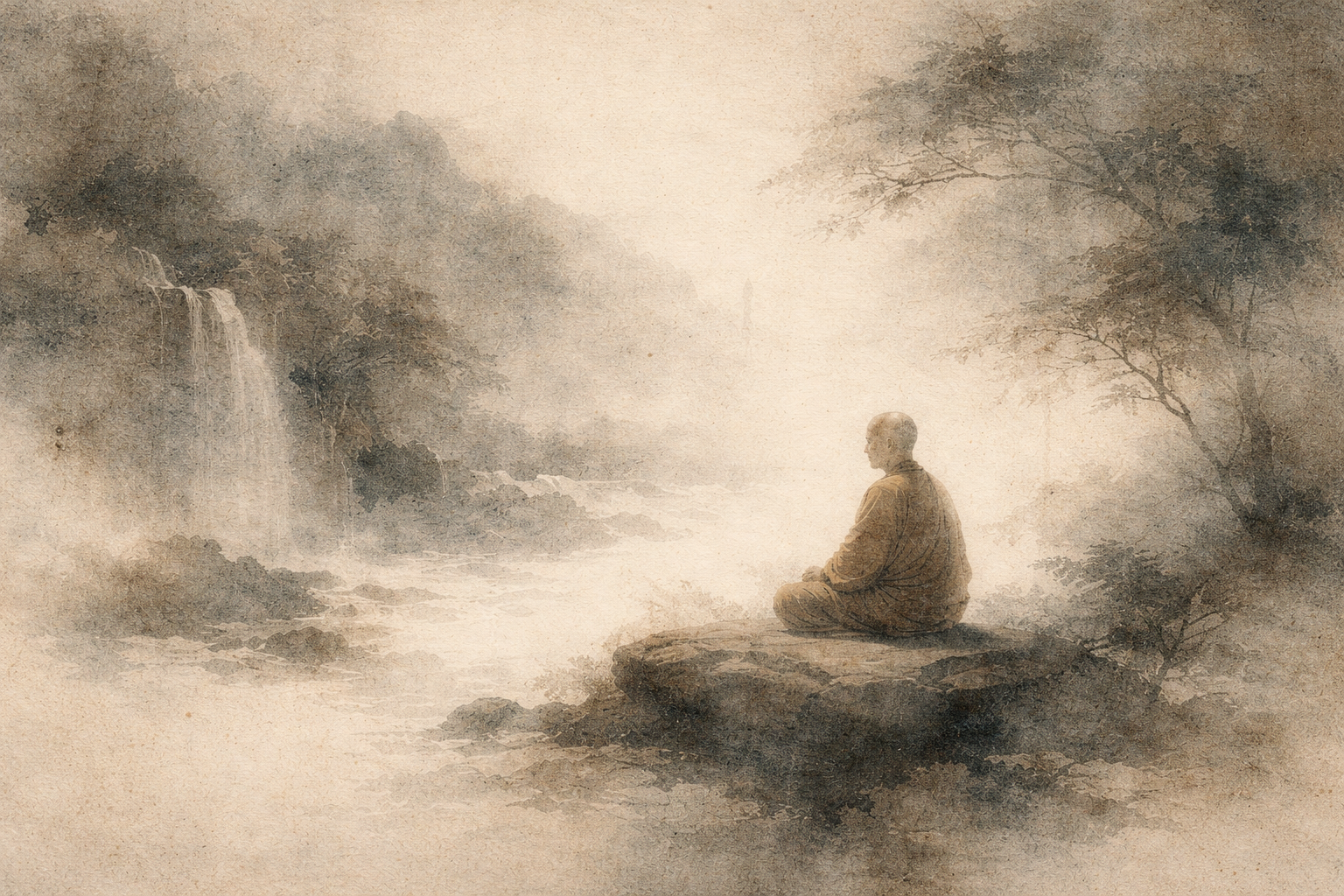 A serene watercolor illustration of a monk meditating on a rock beside a flowing river and waterfall, symbolizing how meditation increases awareness through stillness, presence, and deep observation.