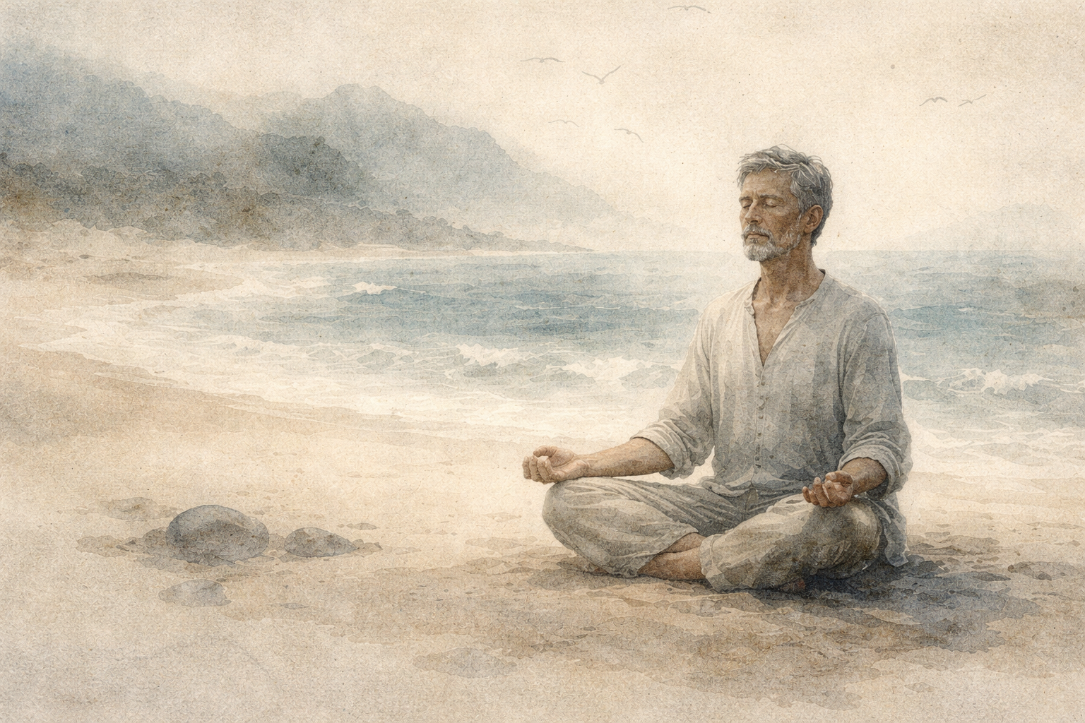 A serene watercolor illustration of a man meditating cross-legged on a quiet beach with gentle waves and distant mountains, symbolizing why peace of mind is not merely an emotional state but a steady awareness beyond changing feelings.