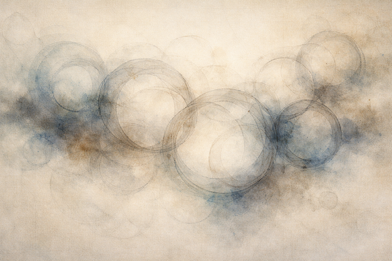 Overlapping circular forms drift through soft ink and haze, suggesting how spiritual ideals can loop into self-reinforcing patterns that obscure direct experience rather than clarify it.
