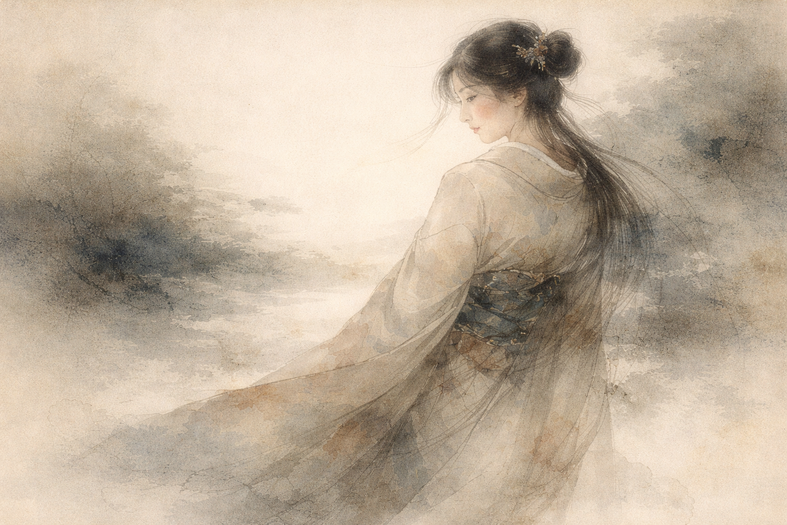 A gentle watercolor illustration of a woman in flowing traditional clothing standing in a misty landscape, symbolizing that spiritual practice happens only in the living body and is expressed through embodied presence rather than abstraction.