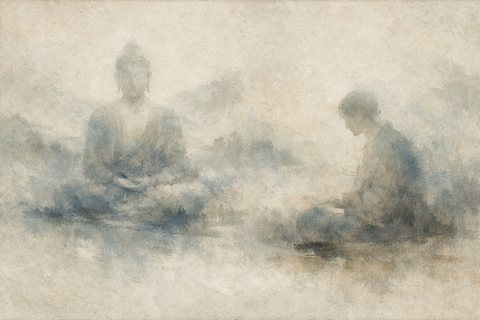 霧に包まれた中で、静かに座る仏と、向かい合ってうつむく人物を描いた水彩画風イラスト。仏教を学ぶ知識と、怒りを本質的に変容させるために必要な内面的実践との隔たりを象徴している。