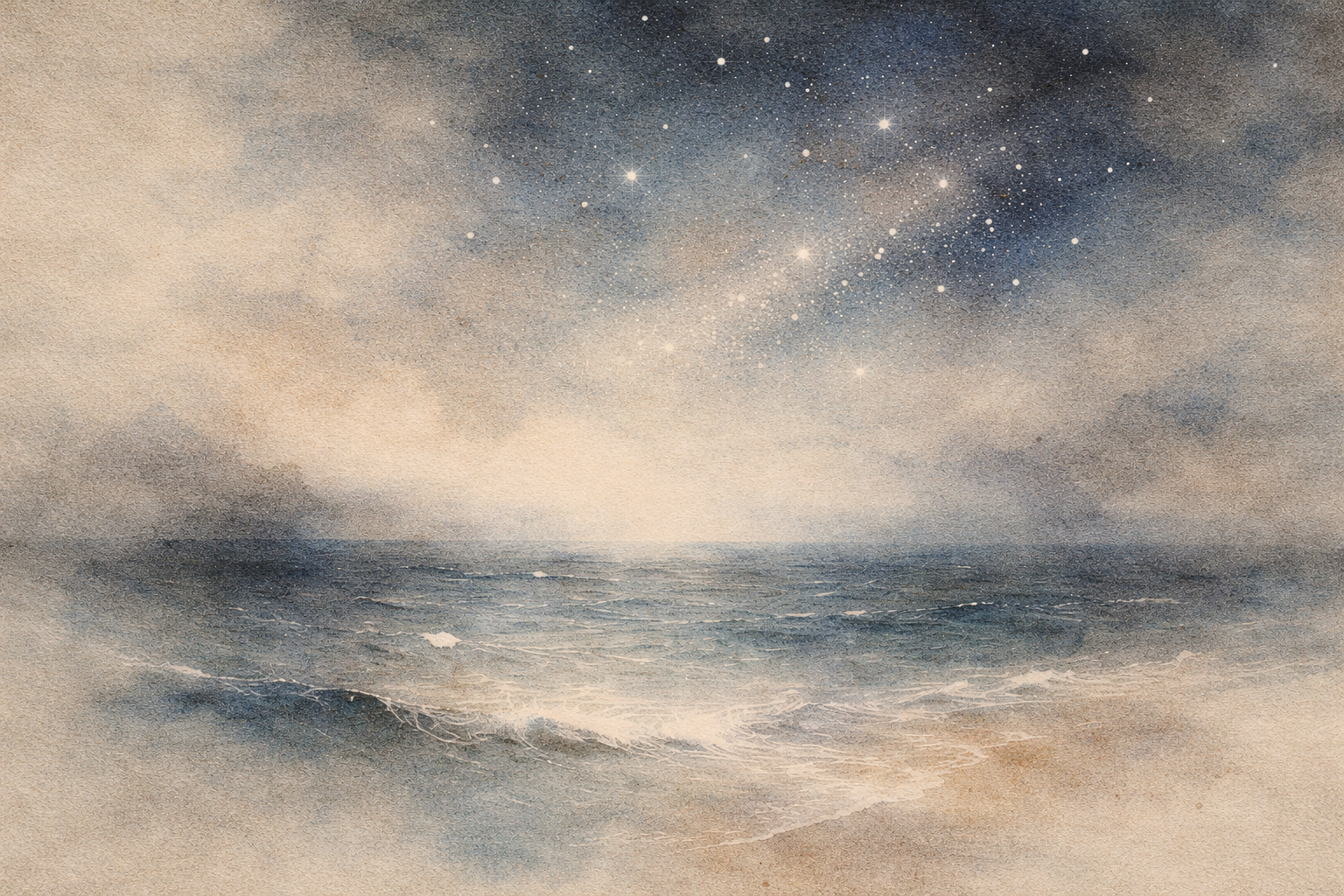 星が散る空の下、霧に溶けていく静かな海景が描かれ、真の理解とは何かを残して掴むものではなく、跡を残さず通り過ぎる体験であることを示している。