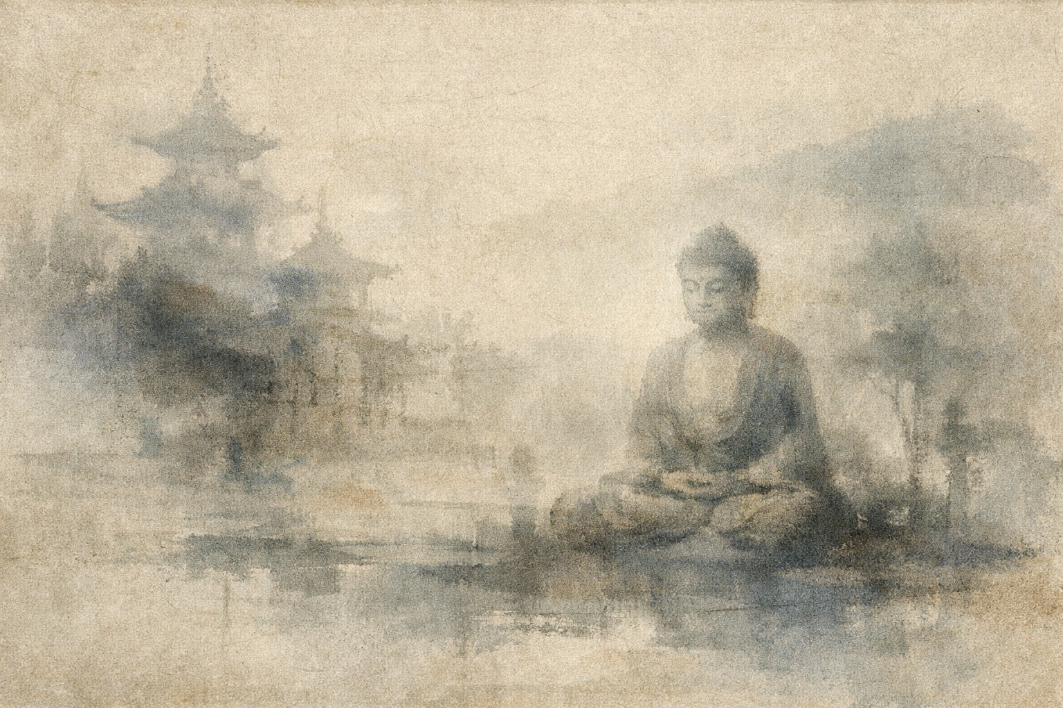 A soft watercolor illustration of a seated Buddha reflected in still water near a distant pagoda, symbolizing why wisdom is not a fixed formula but a living clarity that arises from direct experience.