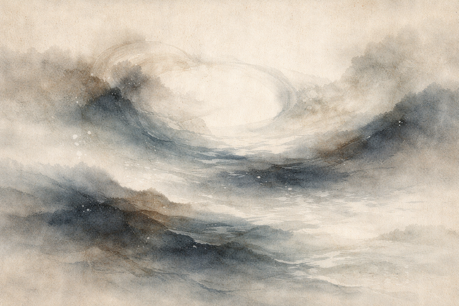 A minimalist watercolor landscape of flowing ink-like mountains and an open circular brushstroke in the sky, symbolizing why Zen has no fixed rules—pointing to fluid awareness, emptiness, and freedom beyond rigid concepts.