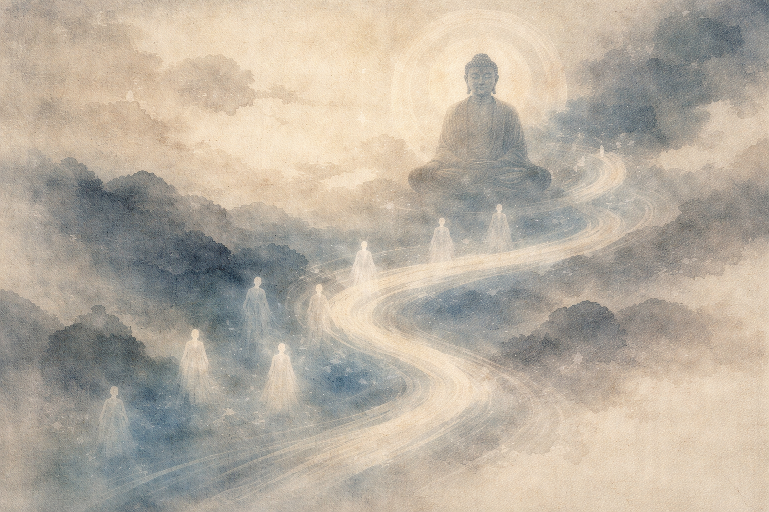 A distant Buddha figure appears above a winding path of pale, human silhouettes moving through mist, suggesting Zen’s message of releasing attachment to symbols and authority so direct understanding can emerge.