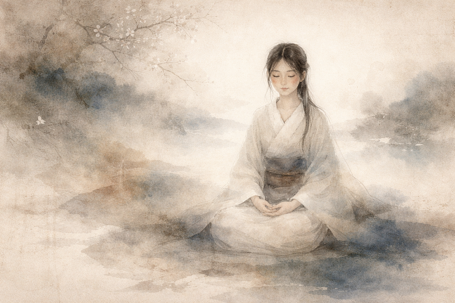 霧に包まれた穏やかな風景の中で女性が静かに坐禅しており、禅の実践では特別な出来事を求めず、「何も特別なことは起きていない」という教えを表している。