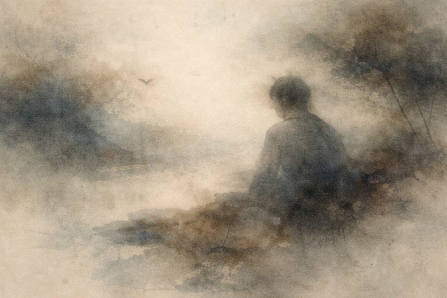 霧に包まれた風景の中で静かに座る一人の人物を描いた繊細な水彩画。身体から逃れるのではなく、今この身体を生きるという禅の教えを象徴し、日常の具体的な体験に根ざした気づきを表している。
