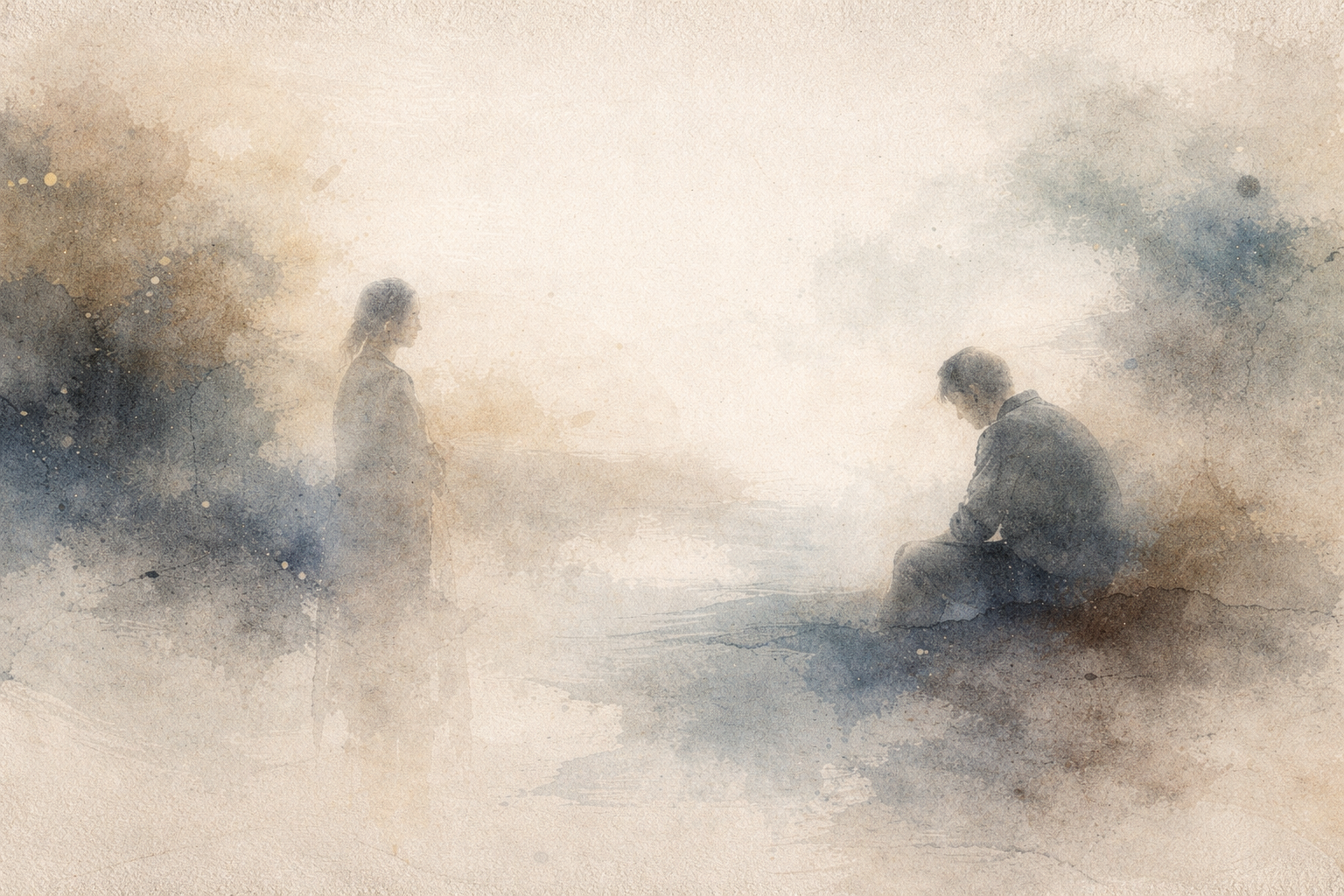 A soft watercolor illustration of two figures in a misty landscape, one standing and one sitting in contemplation, symbolizing Zen’s teaching to see both sides at once and transcend dualistic thinking.