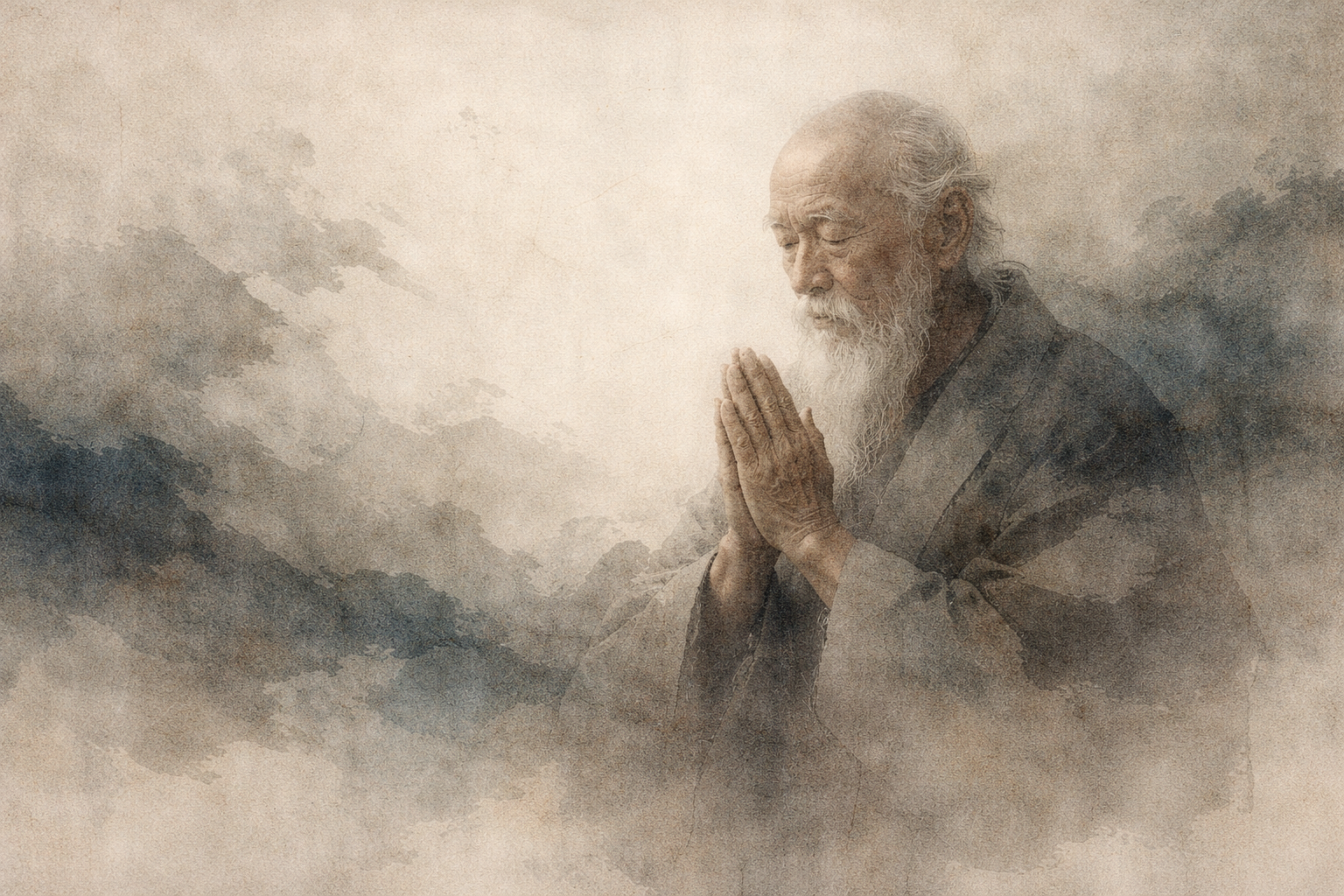 An elderly figure with closed eyes and folded hands appears within soft ink and mist, expressing how Zen practice points toward releasing even its own forms and ideas rather than holding onto them.