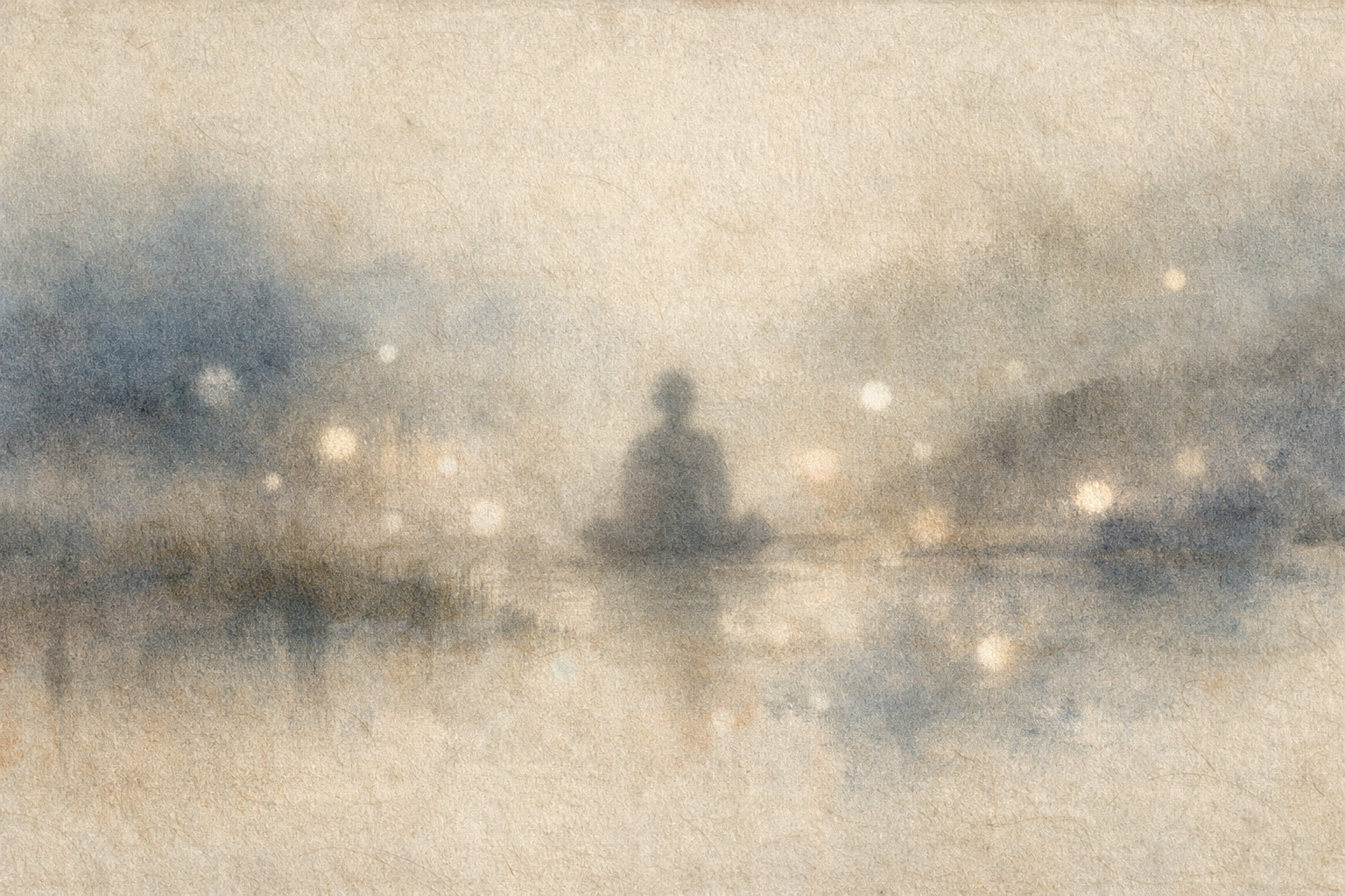 A soft, misty watercolor illustration of a solitary figure meditating by still water, surrounded by diffused lights in the haze, symbolizing why Zen warns against one-sided thinking and invites a broader, balanced awareness.