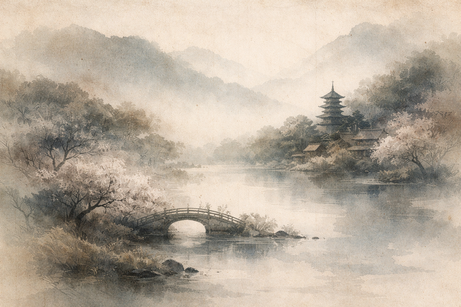 A tranquil riverside scene with a small arched bridge, cherry blossoms, and a distant pagoda emerging through mist, symbolizing the Eightfold Path as a harmonious, interconnected way of life rather than a linear sequence.