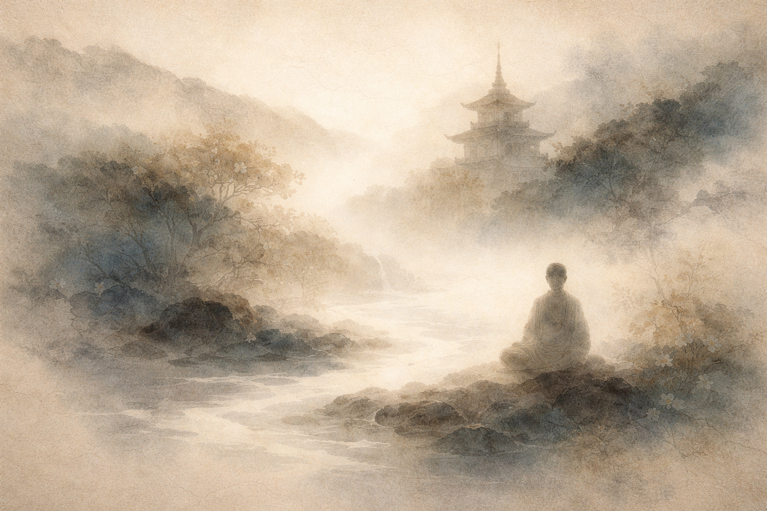 A meditating figure seated beside a misty river, with trees and a distant pagoda emerging from the fog, representing the diverse paths of Buddhism such as Zen, Theravada, and Mahayana.