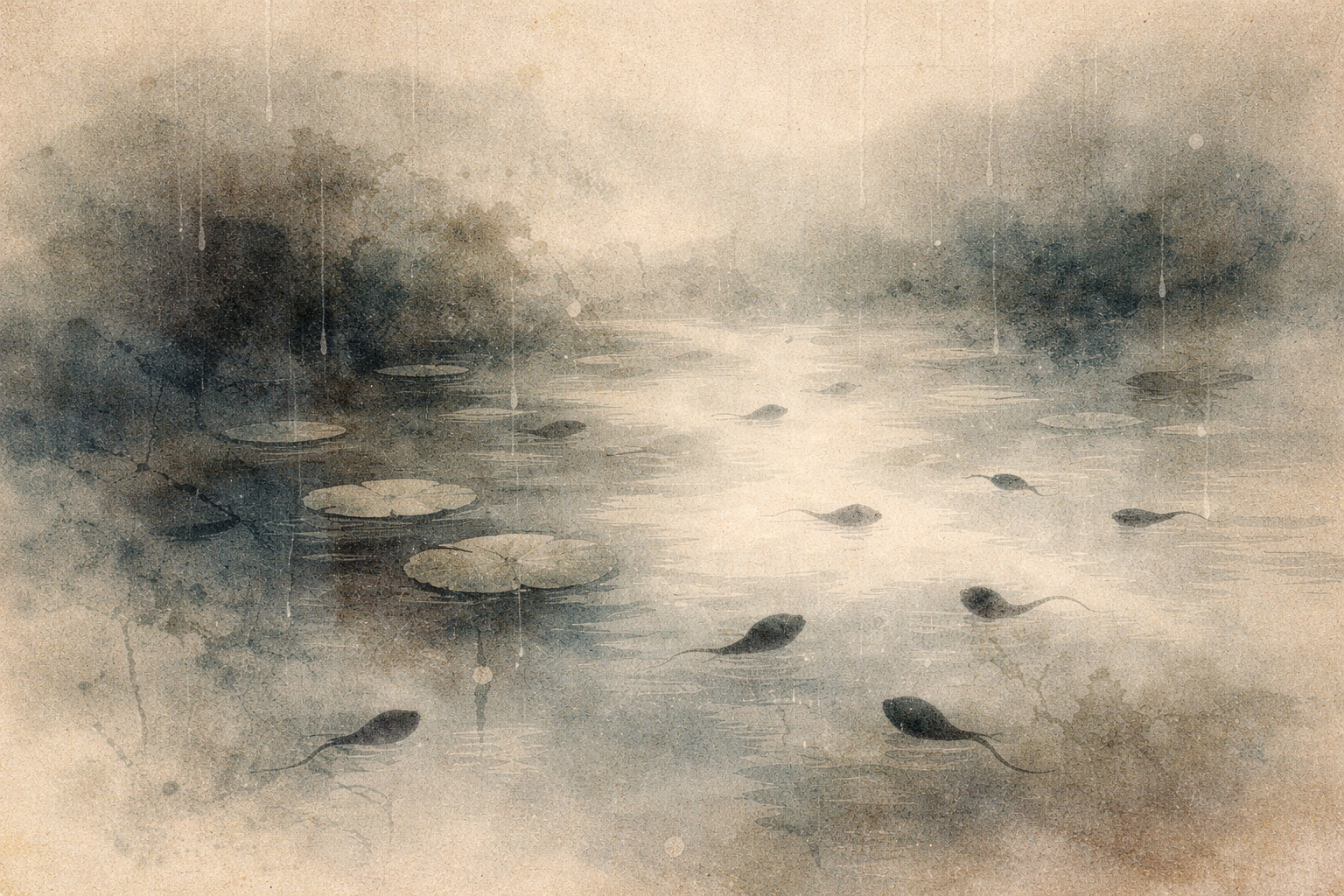 Muted watercolor scene of a misty pond with lily pads and small tadpole-like shapes drifting in the water, symbolizing the subtle movement of causes and conditions and the difference between karma as intentional action and fate as fixed destiny.