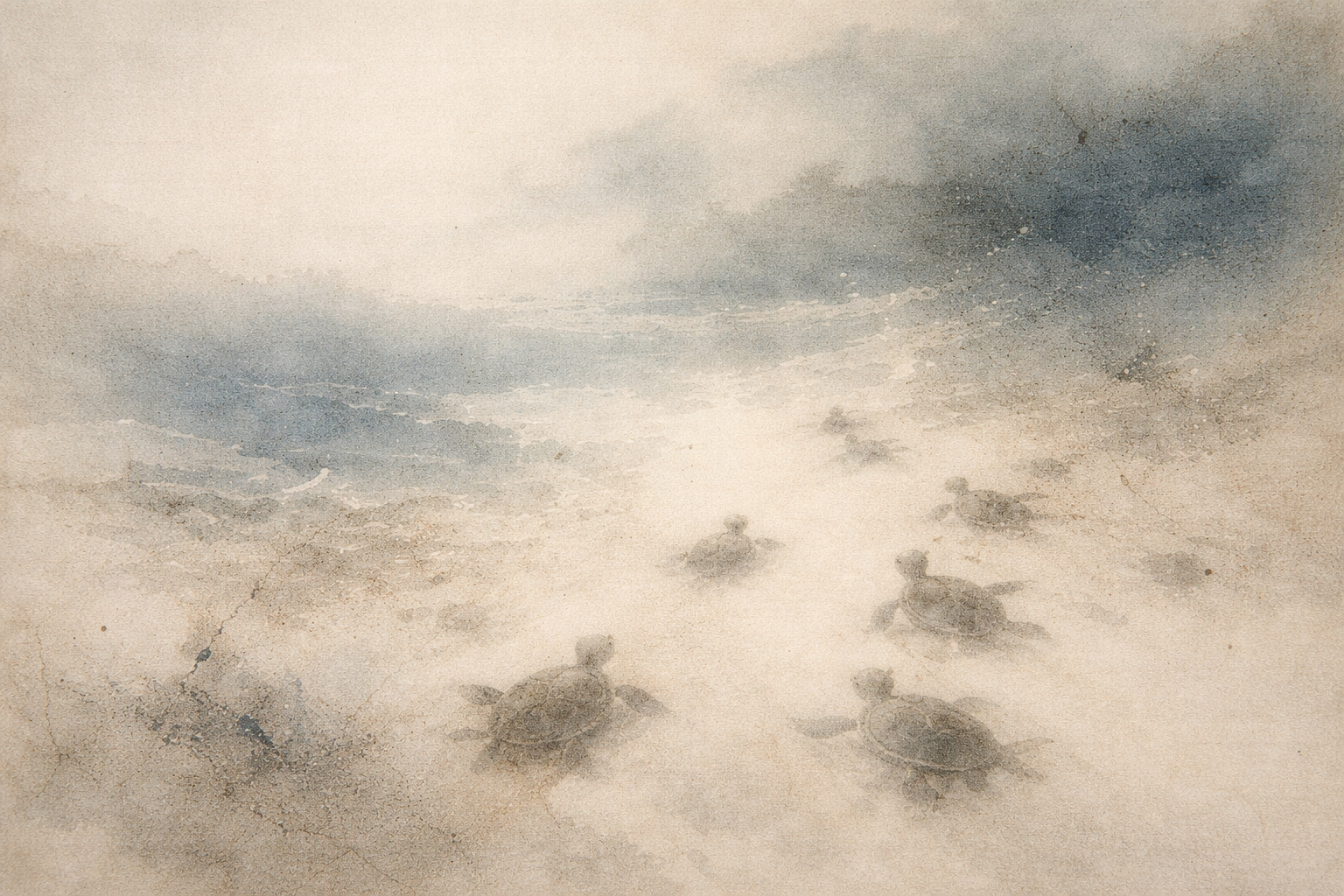 Small sea turtles moving toward the ocean across a misty shore, symbolizing the origin of Buddhism and the beginning of the Buddha’s teachings spreading into the world.