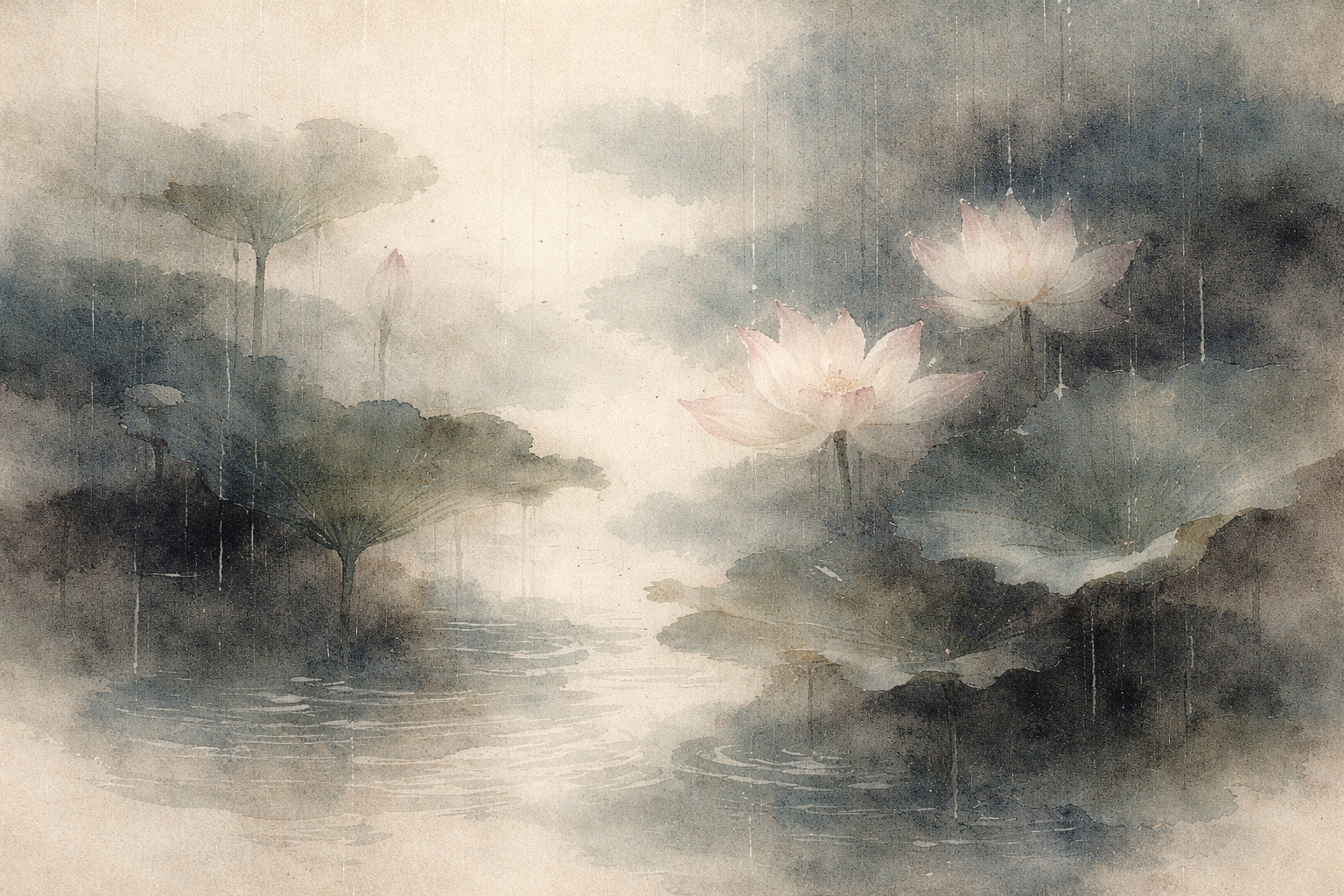 霧に包まれた池に咲く蓮の花を描いた水彩画。やわらかな雨の中、重なり合う葉と遠景が溶け合い、上座部仏教（テーラワーダ）と大乗仏教という異なるがつながりのある道を象徴している。