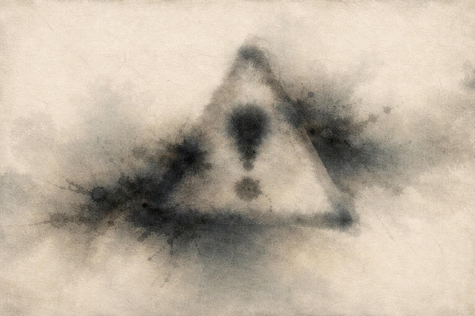 霧のような墨のにじみの中に、三角形の警告マークと感嘆符が溶け込む抽象的な水彩画。仏教実践におけるサイケデリック体験への慎重さと問いを象徴している。