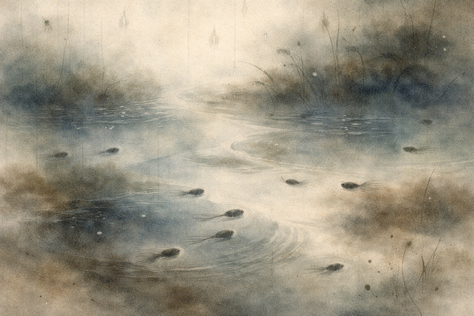 霧に包まれた池で、小さな魚たちが波紋を描きながら泳ぐ水彩風の風景。固定された魂の再来としての「転生」と、因果の連続としての「再生」の違いを象徴している。