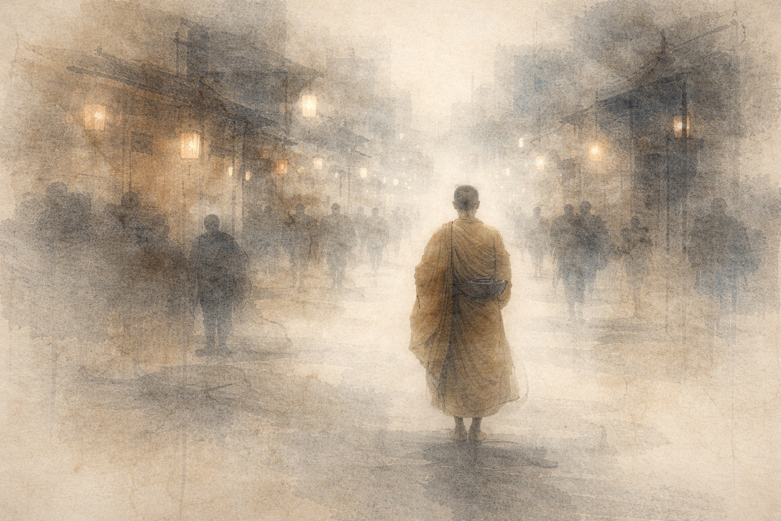 Watercolor illustration of a solitary Buddhist monk in saffron robes walking through a misty street lined with lanterns, surrounded by shadowy figures, symbolizing the distinct yet shared paths of Zen and Tibetan Buddhism within the wider world.
