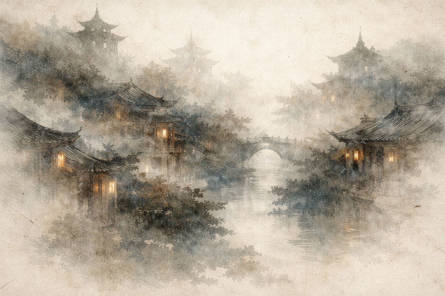 A watercolor-style scene of misty temple buildings and pagodas beside a quiet river with a small arched bridge, lantern lights glowing softly, symbolizing the contemplative monastic life and forest meditation tradition associated with Ajahn Chah.