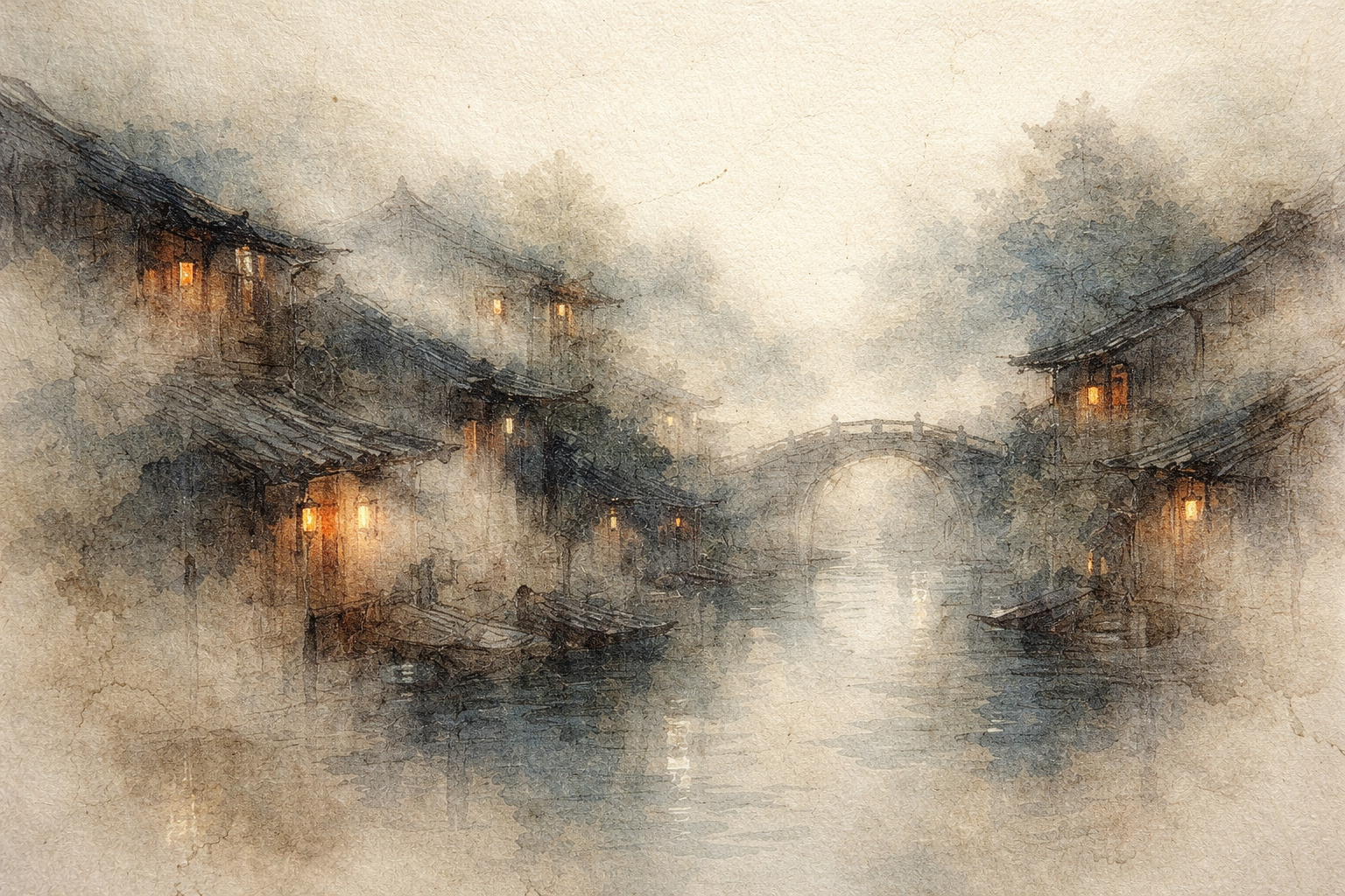 A misty traditional Southeast Asian riverside village with wooden houses and a small arched bridge, evoking the quiet simplicity and contemplative atmosphere associated with Ajahn Chah and the Thai Forest Tradition.