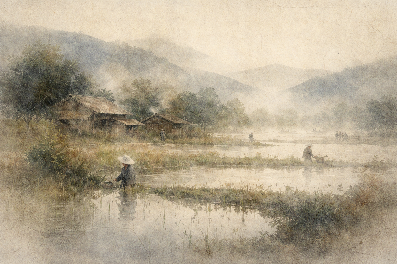 夜明けの霧に包まれた田園風景で、田んぼで働く農民たちの穏やかな村の様子。仏教で語られる実践的で非神論的な視点を象徴している。