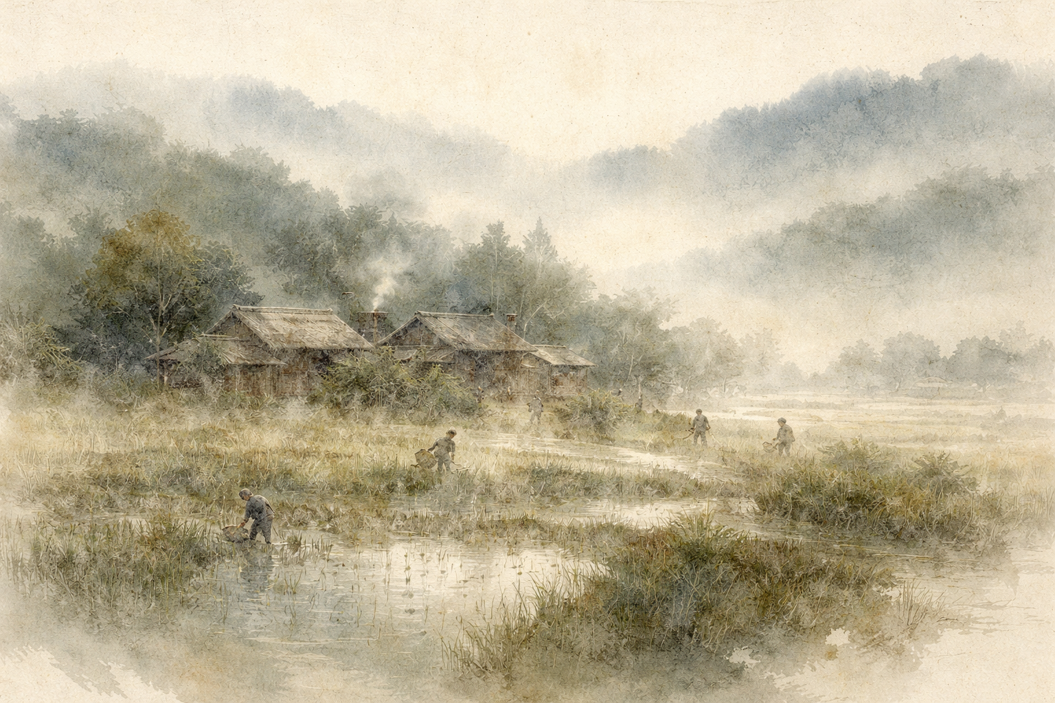 Soft watercolor illustration of rural farmers working in misty rice fields near wooden houses and forested hills, symbolizing how Buddhist dietary practices vary across cultures and traditions.