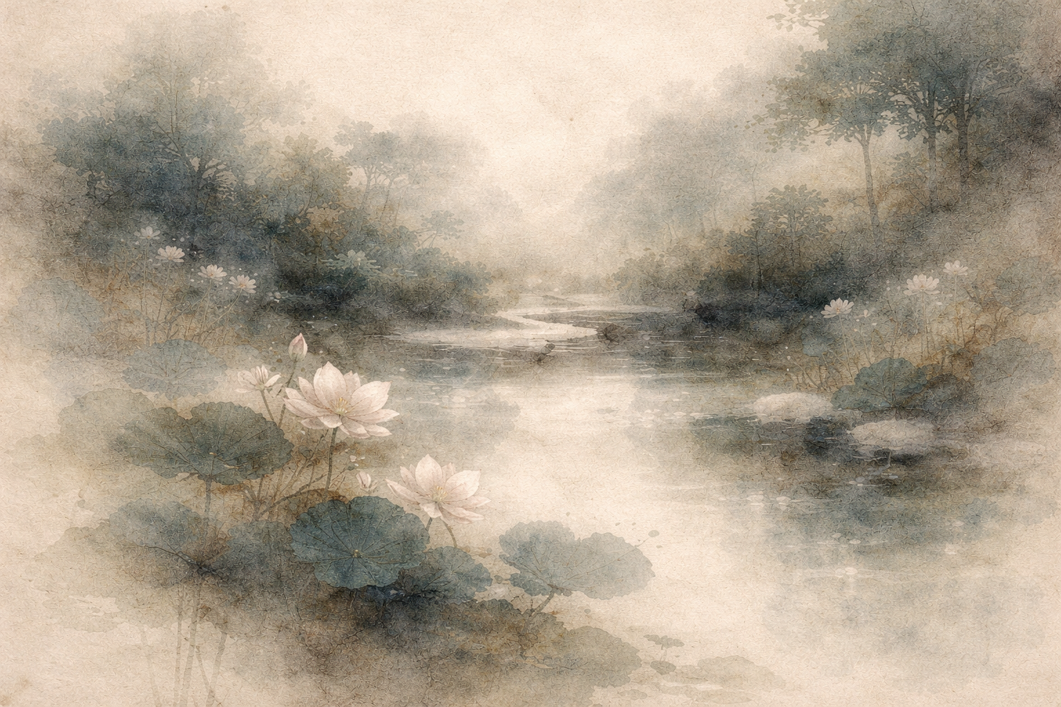 霧に包まれた森の中を静かに流れる川と、手前に咲く蓮の花を描いた水彩風の風景。再生（輪廻）に賛成する立場と反対する立場を、静かに熟考する姿勢を象徴している。