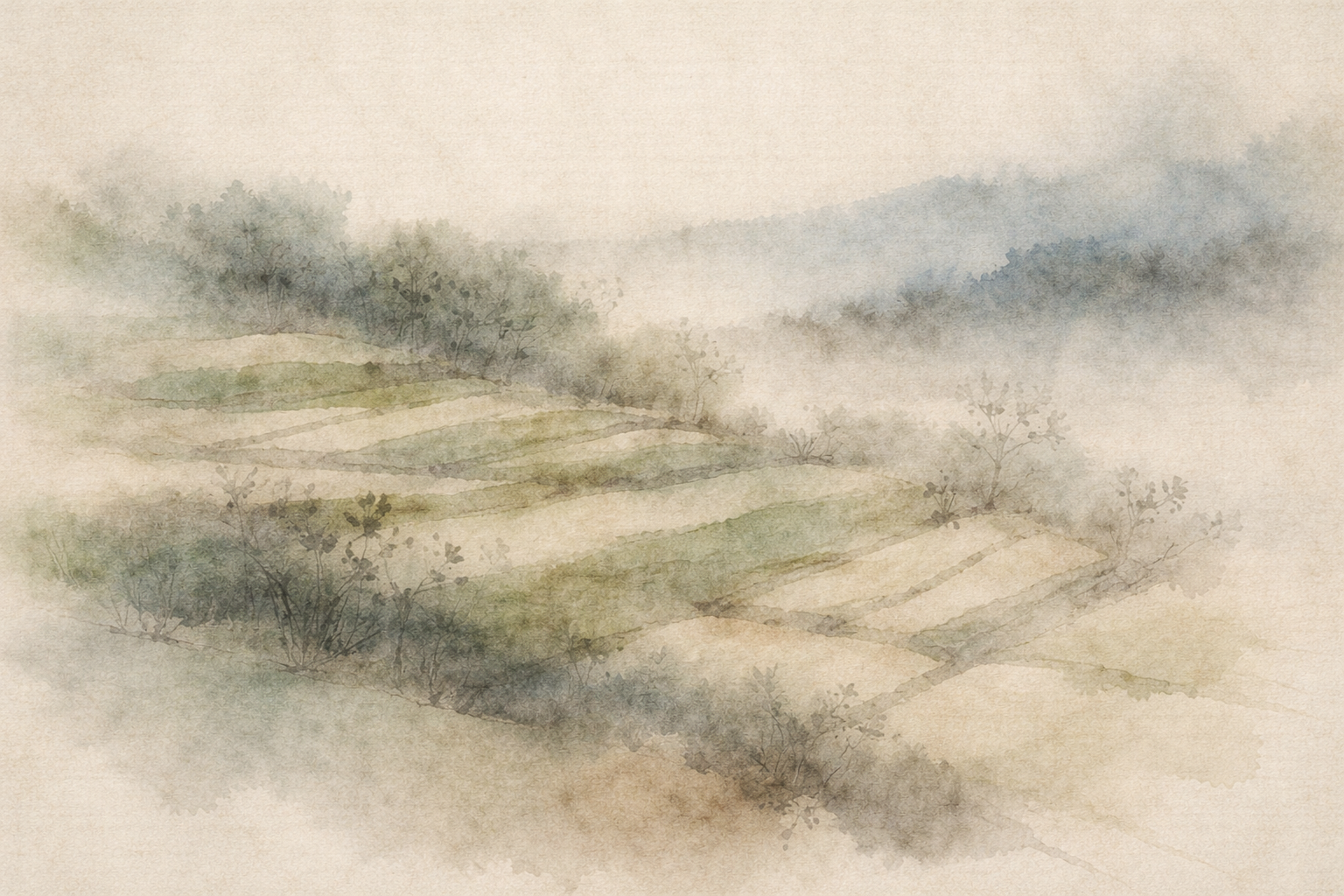 やわらかな緑の畑と霧に包まれた丘が遠くへ続く、水彩風の静かな風景。アサンガと唯識（ヨーガーチャーラ）思想の起源に関わる深い思索と哲学的探求を象徴している。