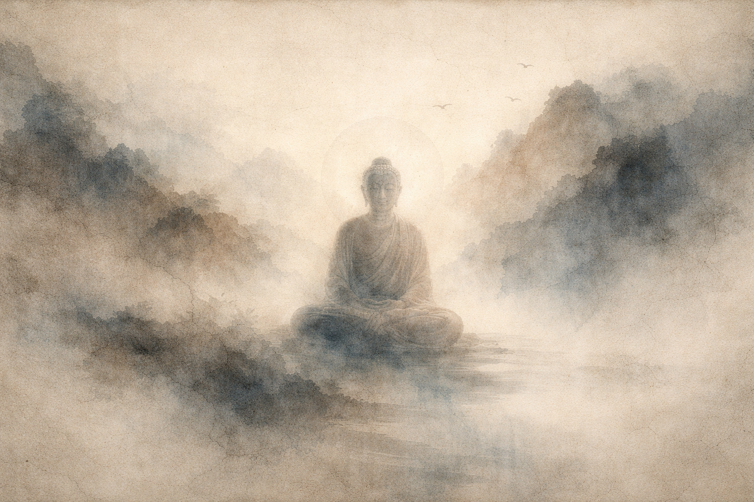 A watercolor-style scene of a Buddha figure sitting in meditation amid misty mountains and soft clouds, symbolizing spiritual renewal, wisdom, and the revitalizing influence of Atisha on Tibetan Buddhism.