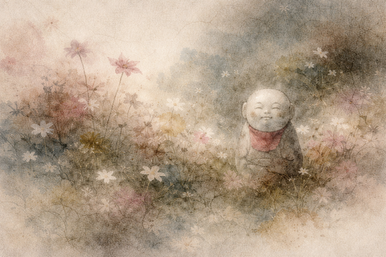 柔らかな野花と霧に包まれた草木の中に、小さく微笑む仏像が立つ水彩風の風景。慈悲の菩薩である観音（アヴァローキテーシュヴァラ／チェンレジク）の思いやりと優しさを象徴している。