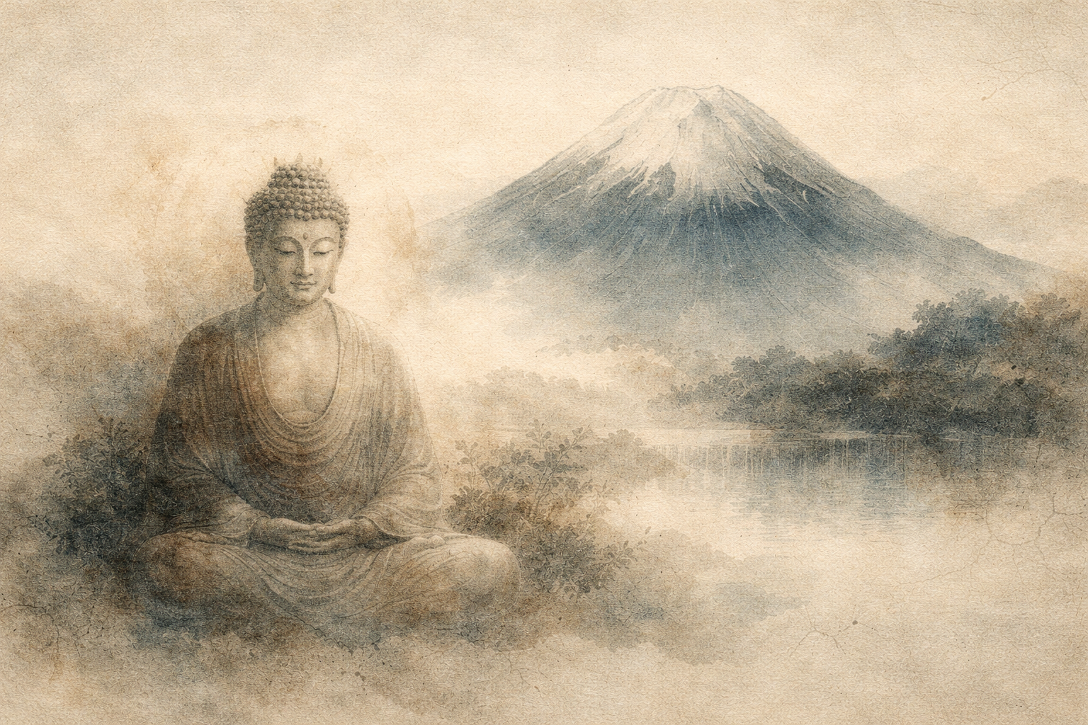 A serene watercolor illustration of the Buddha seated in meditation before Mount Fuji, surrounded by mist and soft natural tones, symbolizing a calm and accessible introduction to Buddhism for beginners seeking clarity and inner peace.