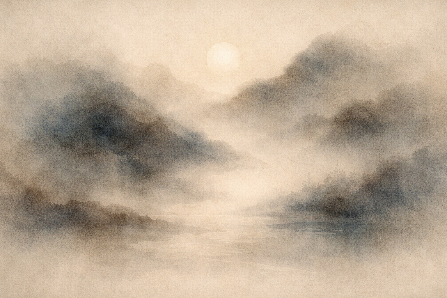 朝日の中、霧に包まれた山々と静かな川を描いた柔らかな水彩風景画。初心者向けの書籍を通して仏教を学び始める穏やかな第一歩を象徴している。