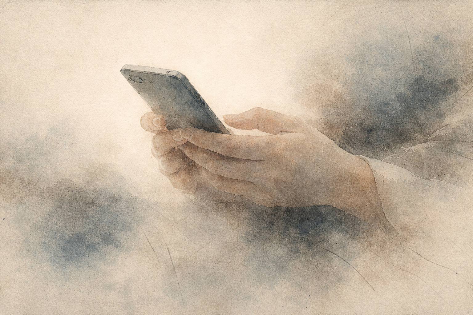 静かな霧の背景の中でスマートフォンを手に持つ様子を描いた柔らかな水彩画。禅仏教を学ぶための最適な書籍を探す現代の探求者を象徴している。