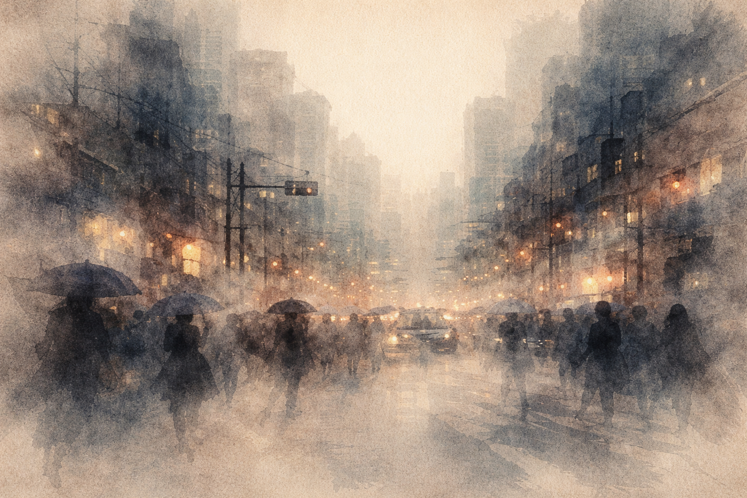 Moody watercolor illustration of a bustling city street at dusk, with silhouetted pedestrians under umbrellas and warm lights glowing through mist—symbolizing Buddhist podcasts and audio talks bringing wisdom and mindfulness into everyday urban life.
