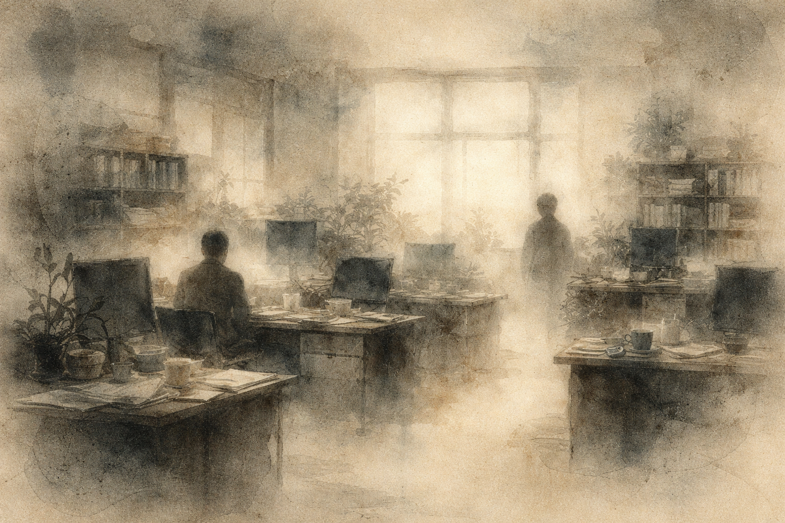 Soft watercolor illustration of a quiet office space with desks, computers, bookshelves, and gentle morning light streaming through a window—symbolizing beginner-friendly Buddhist websites that offer guidance, learning, and mindful resources in everyday digital life.