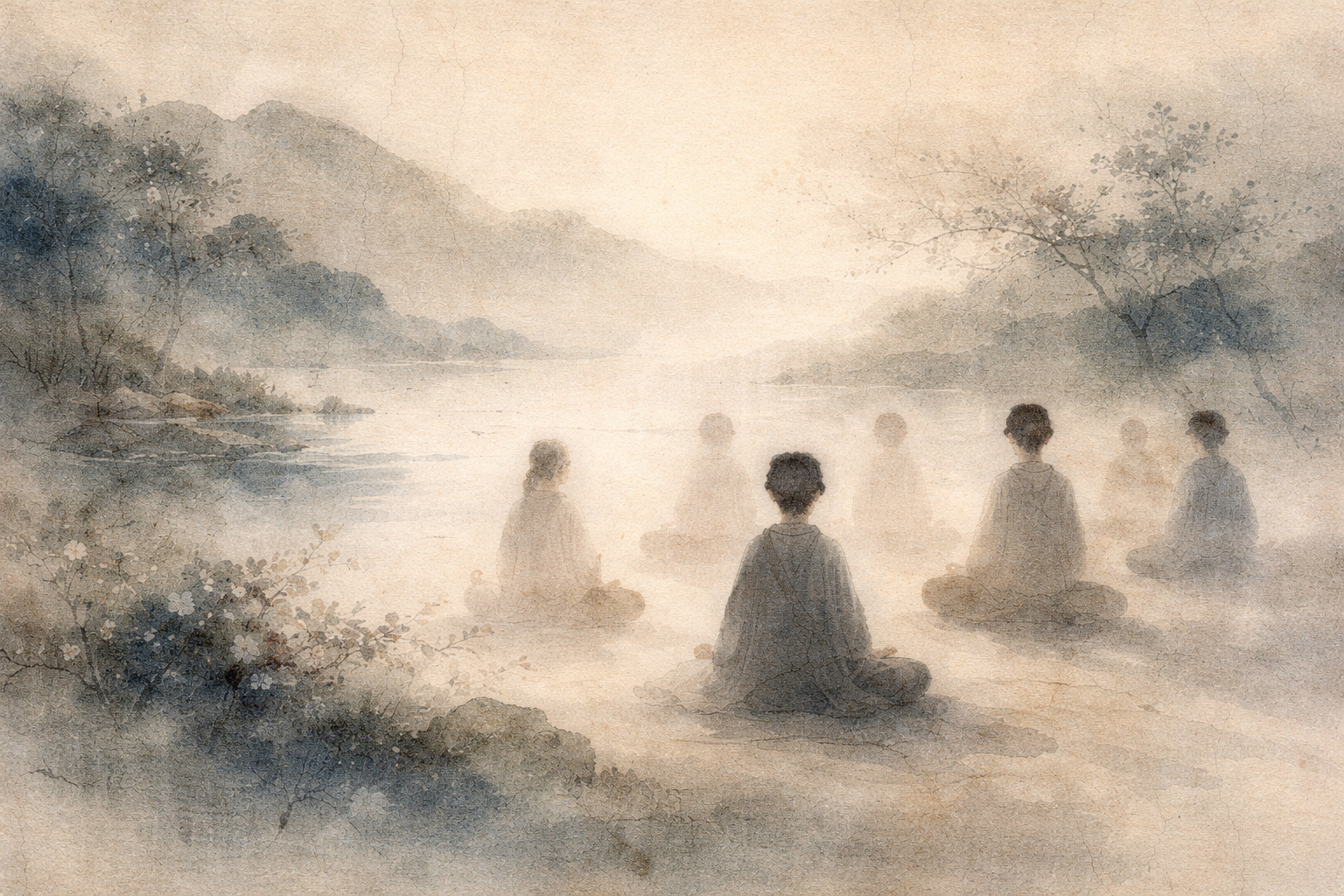 Soft watercolor illustration of a small group seated in meditation beside a tranquil lake at dawn, surrounded by misty mountains and gentle light—evoking beginner-friendly meditation books that guide readers toward calm, clarity, and mindful awareness.