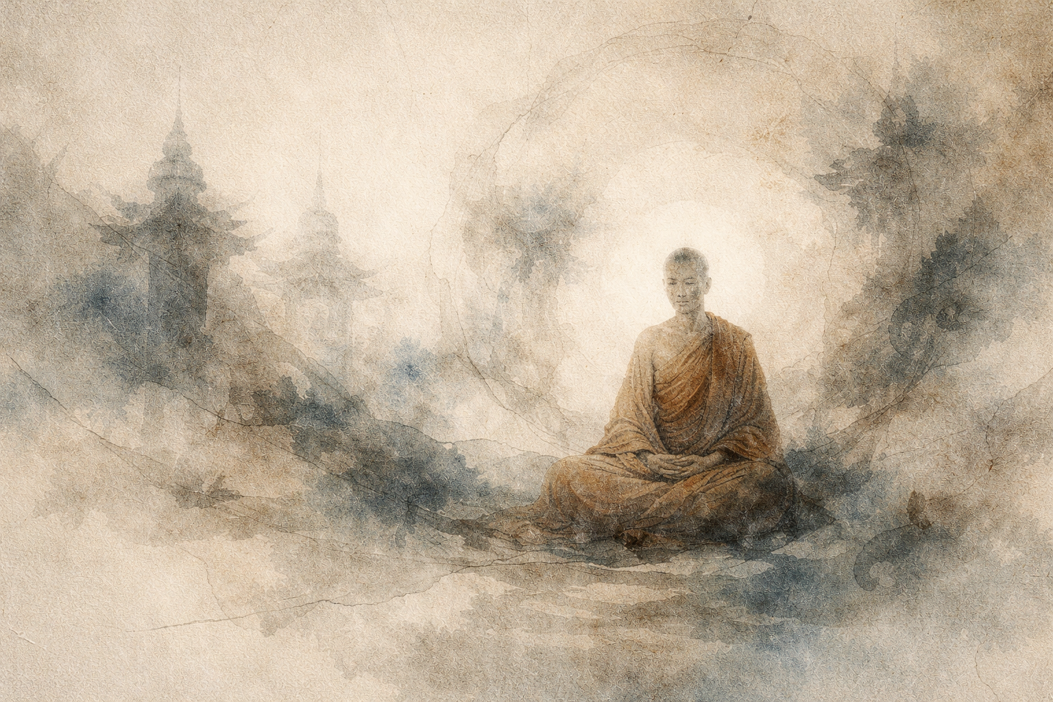 A watercolor-style scene of a Buddhist monk seated in meditation with a soft halo of light behind him, surrounded by misty mountains and distant temple pagodas, symbolizing the contemplative spirit and legendary influence of Bodhidharma in the origins of Zen Buddhism.