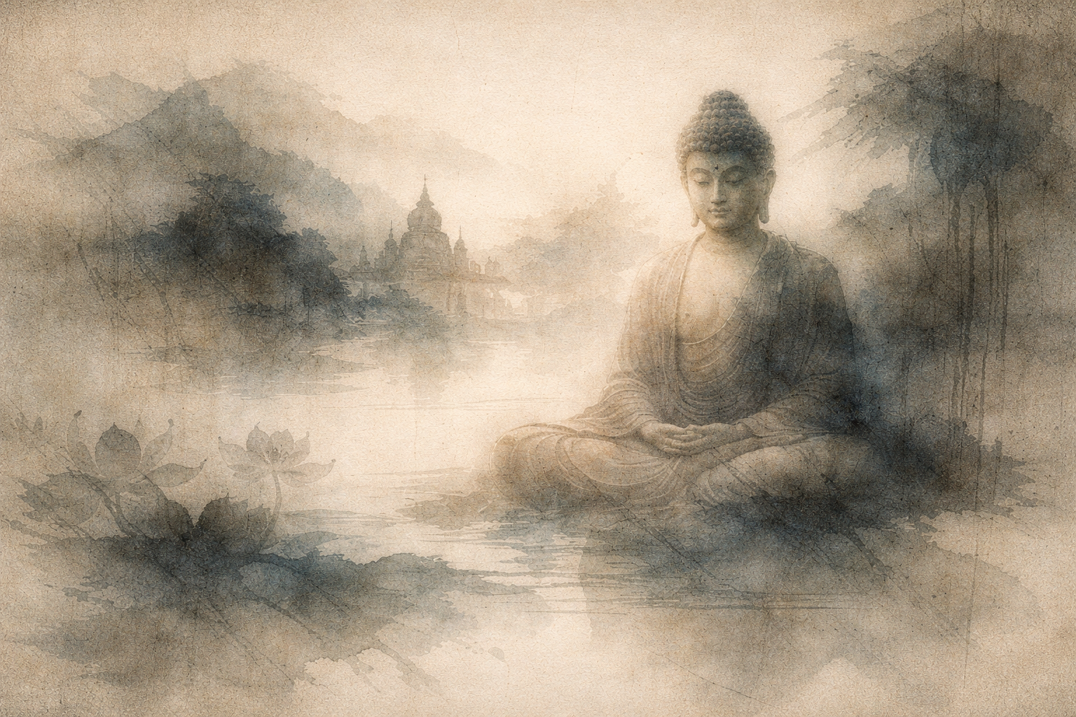 A tranquil Buddha statue seated in meditation beside a lotus pond in a misty landscape, symbolizing the deeper meanings behind different Buddha poses and expressions.