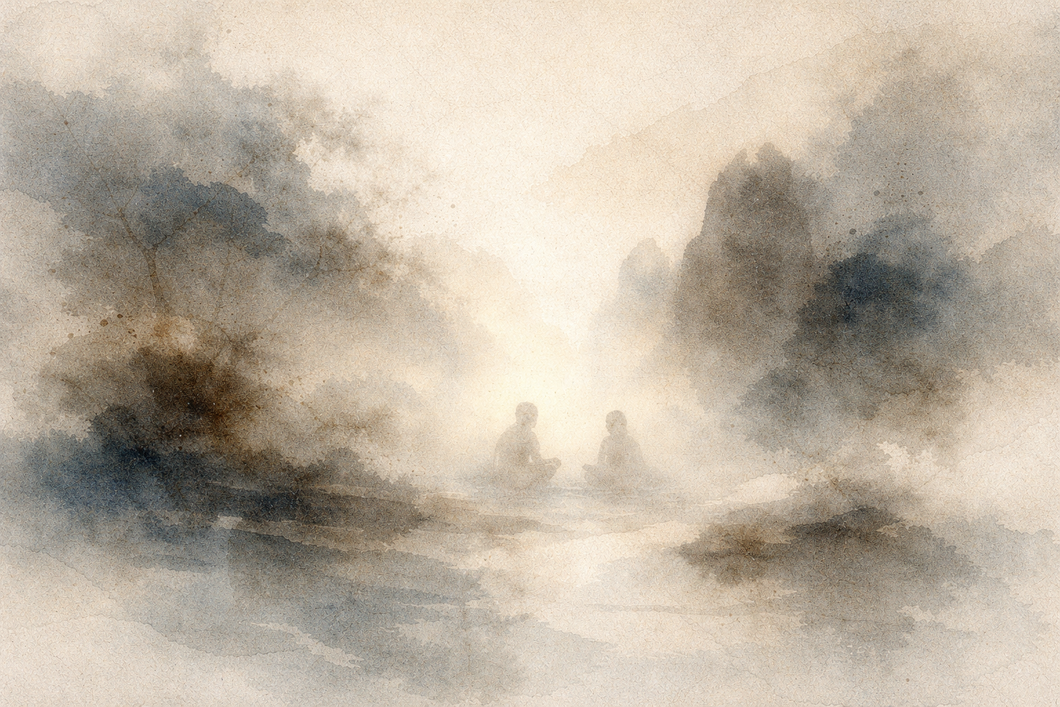 A misty watercolor landscape with two monks seated facing each other in quiet discussion, surrounded by soft mountains and trees, symbolizing the transmission of teachings and the scholarly legacy of Buddhaghosa in the Theravada tradition.
