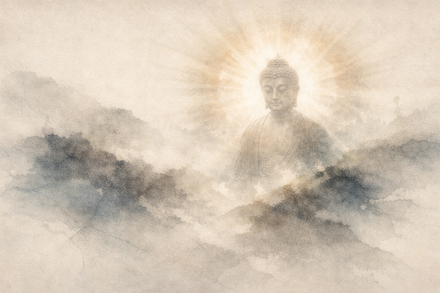 霧に包まれた山々の中から光を放つ仏陀の姿が現れる、水彩画風の静かなイメージ。仏教の核心である静けさと智慧を象徴している。