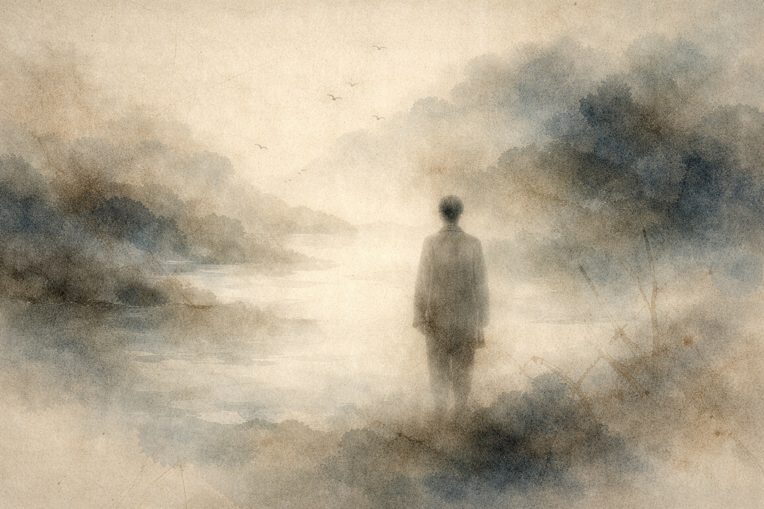 Soft watercolor illustration of a solitary figure standing by a misty lakeside, surrounded by gentle trees and distant birds, symbolizing introspection and the connection between Buddhism, psychology, and inner happiness.