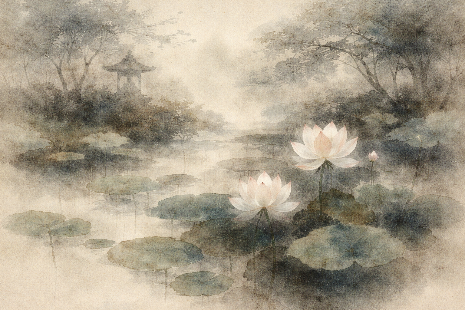 Lotus flowers blooming across a misty pond near a distant temple pavilion, symbolizing key moments in the Buddhism timeline and the gradual unfolding of Buddhist teachings through history.